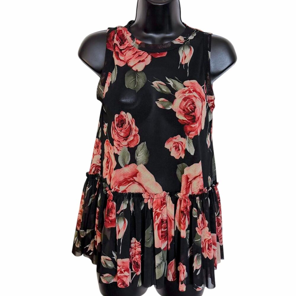 Madeline Sparklestein Sheer Mesh Floral Rose Peplum Tank Top Medium M